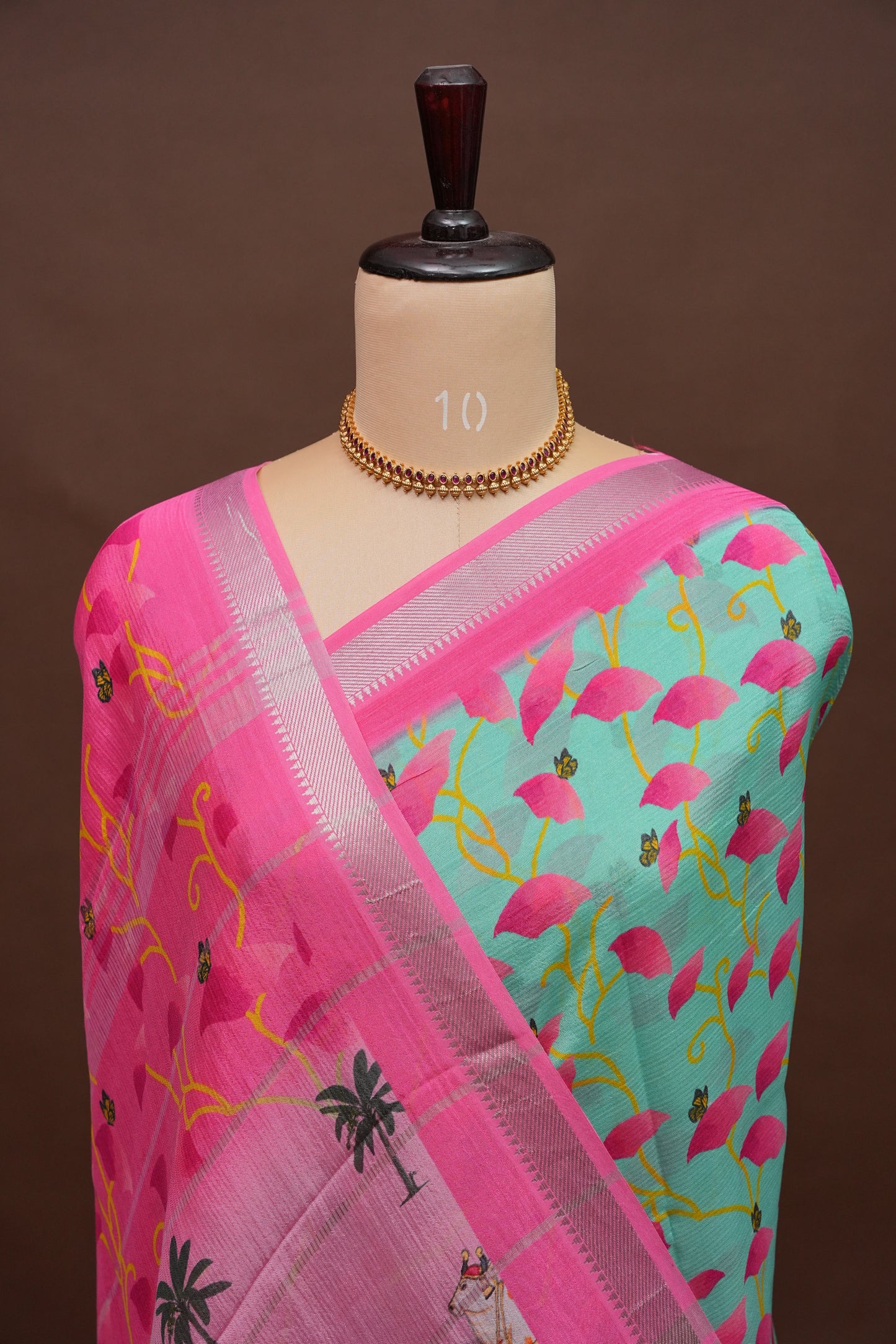 Mangalagiri Printed Silk Saree - Aqua Green & Coral Pink
