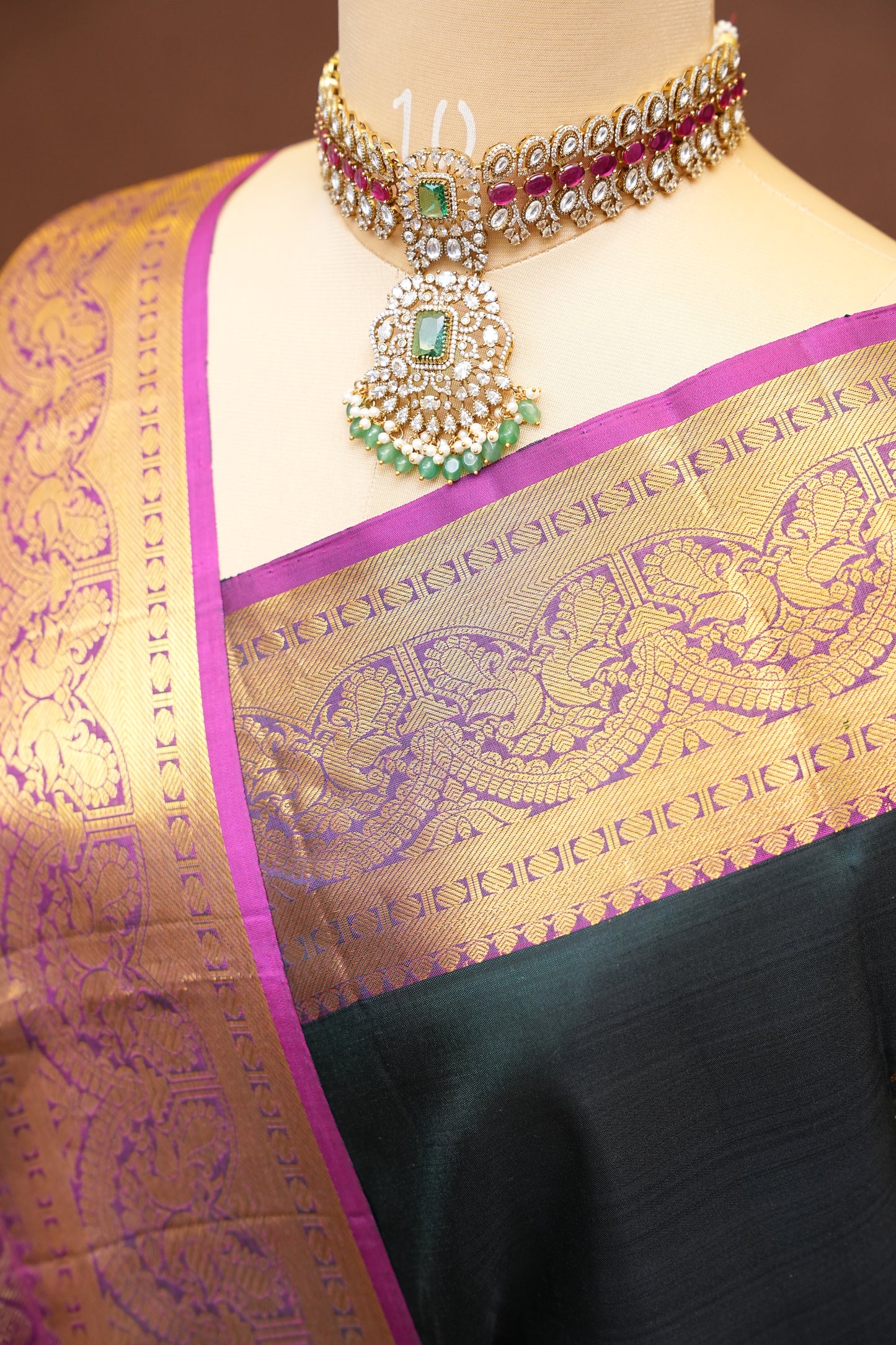 Deep Green & Magenta Pure Kanchivaram Silk Saree with Antique Gold Zari Weave|Silk Mark Certified