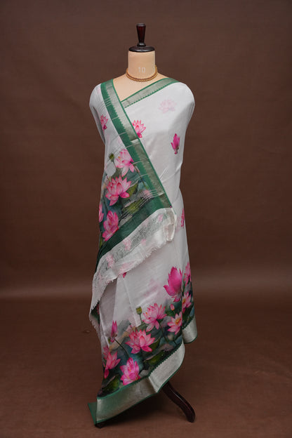 Mangalagiri Printed Silk Saree - Pearl White & Lotus Pink