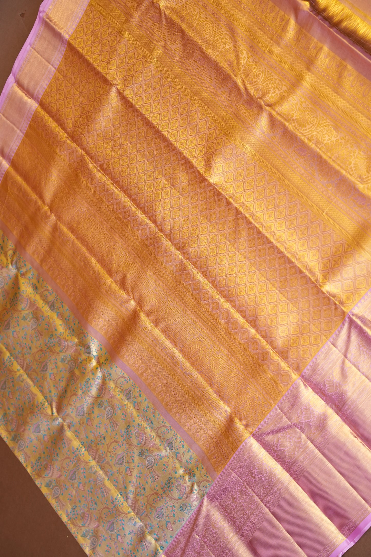 Beige Gold & Baby Pink Pure Tissue Kanchipuram Silk Saree|Silk Mark Certified
