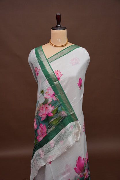 Mangalagiri Printed Silk Saree - Pearl White & Lotus Pink