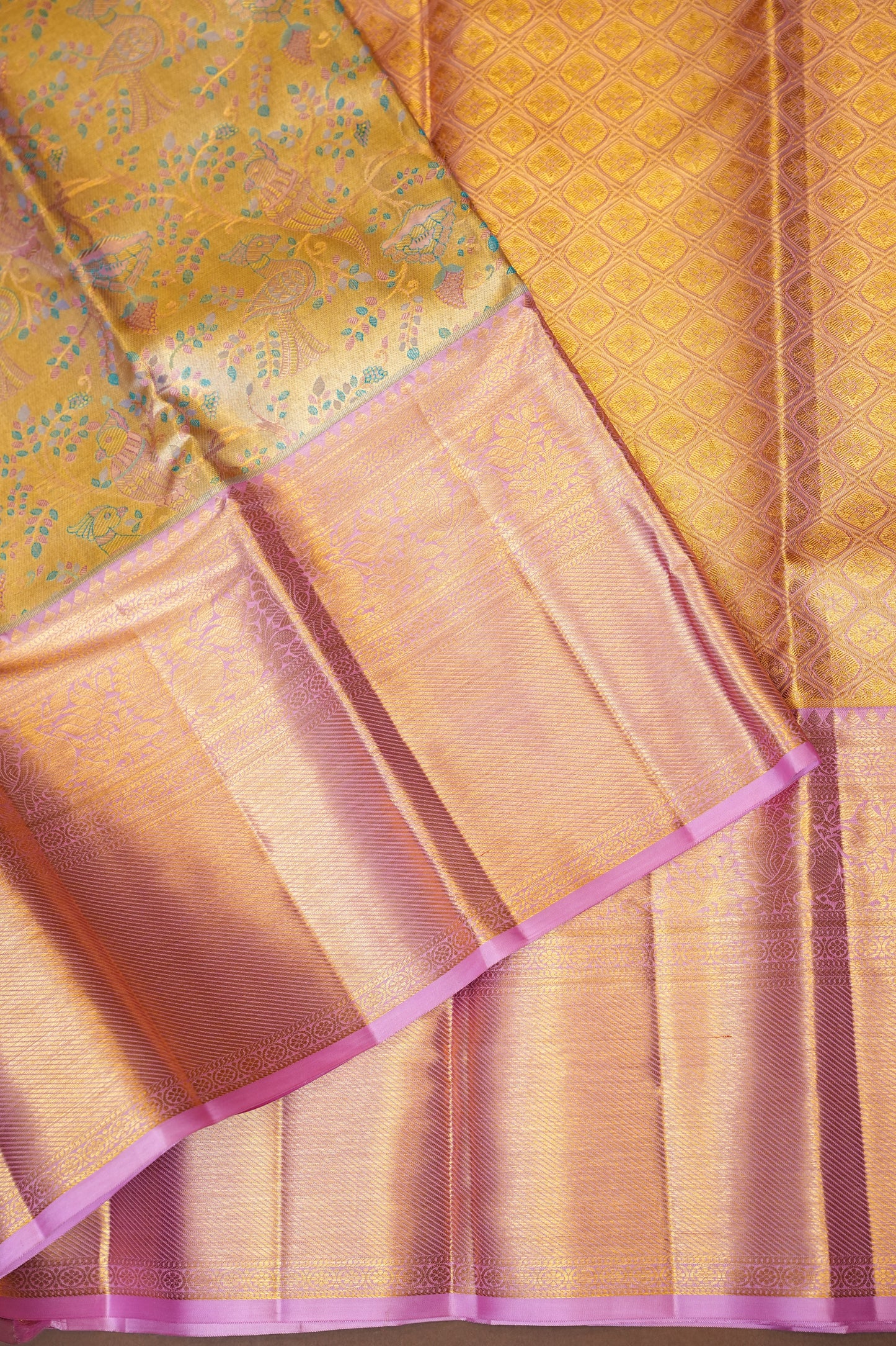 Beige Gold & Baby Pink Pure Tissue Kanchipuram Silk Saree|Silk Mark Certified