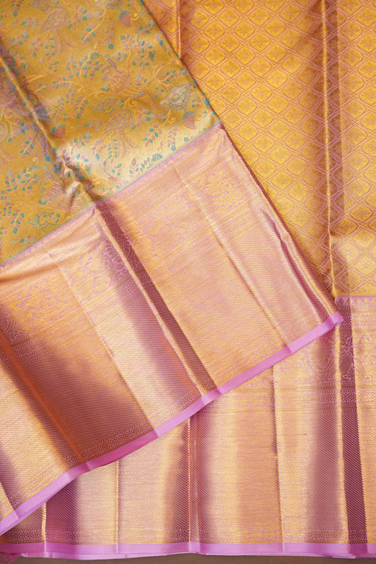Beige Gold & Baby Pink Pure Tissue Kanchipuram Silk Saree|Silk Mark Certified