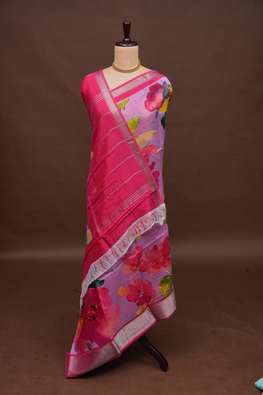 Mangalagiri Printed Silk Saree - Lilac Pink & Rani Pink