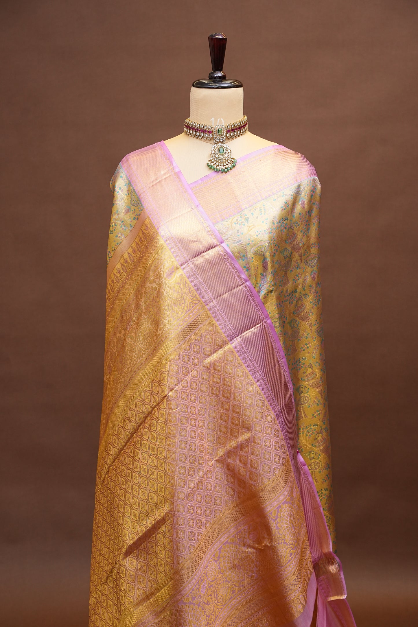 Beige Gold & Baby Pink Pure Tissue Kanchipuram Silk Saree|Silk Mark Certified