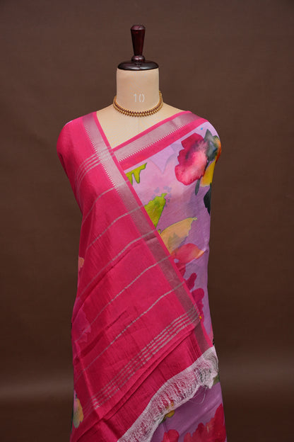 Mangalagiri Printed Silk Saree - Lilac Pink & Rani Pink
