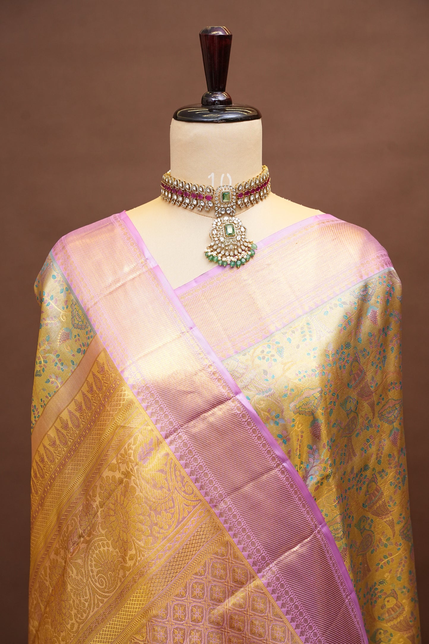 Beige Gold & Baby Pink Pure Tissue Kanchipuram Silk Saree|Silk Mark Certified