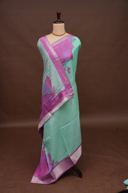 Mangalagiri Printed Silk Saree - Mint Green & Orchid Pink