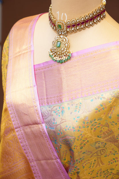 Beige Gold & Baby Pink Pure Tissue Kanchipuram Silk Saree|Silk Mark Certified