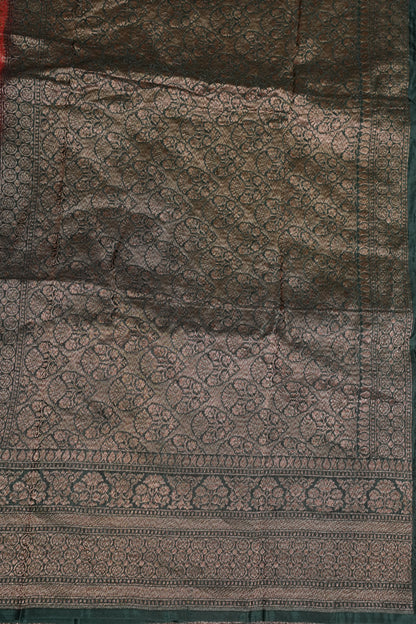 Khaddi Georgette Crepe Silk Saree with Antique Border – Red & Bottle Green