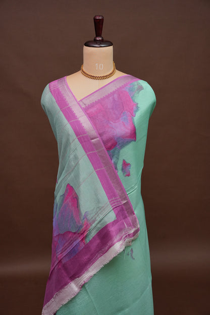 Mangalagiri Printed Silk Saree - Mint Green & Orchid Pink