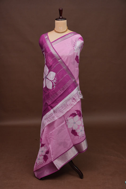 Mangalagiri Printed Silk Saree - Blush Pink & Wine Purple