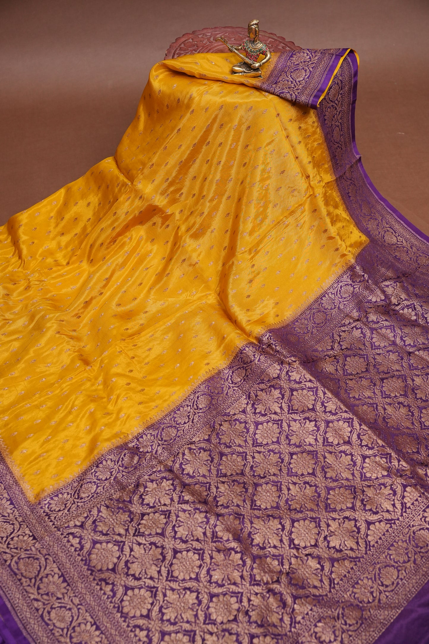 Khaddi Georgette Crepe Silk Saree with Antique Border – Yellow & Purple