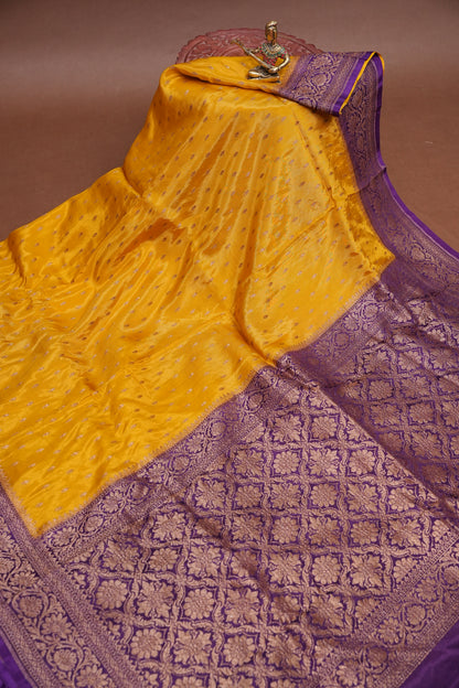 Khaddi Georgette Crepe Silk Saree with Antique Border – Yellow & Purple