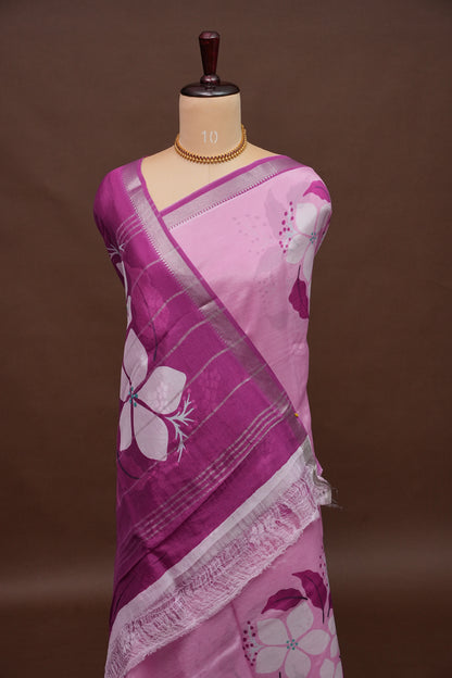 Mangalagiri Printed Silk Saree - Blush Pink & Wine Purple