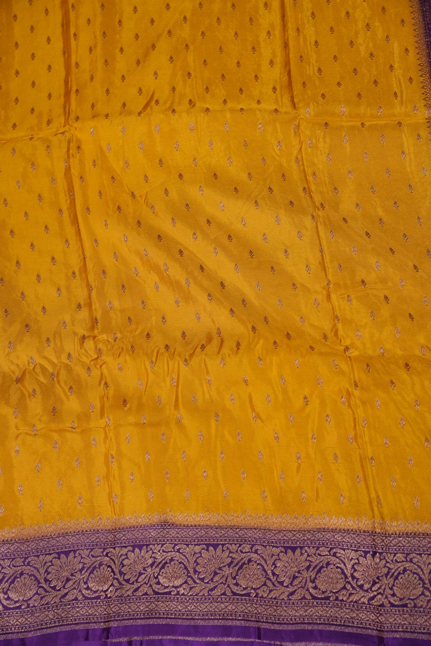 Khaddi Georgette Crepe Silk Saree with Antique Border – Yellow & Purple
