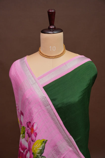 Mangalagiri Printed Silk Saree - Bottle Green & Blush Pink