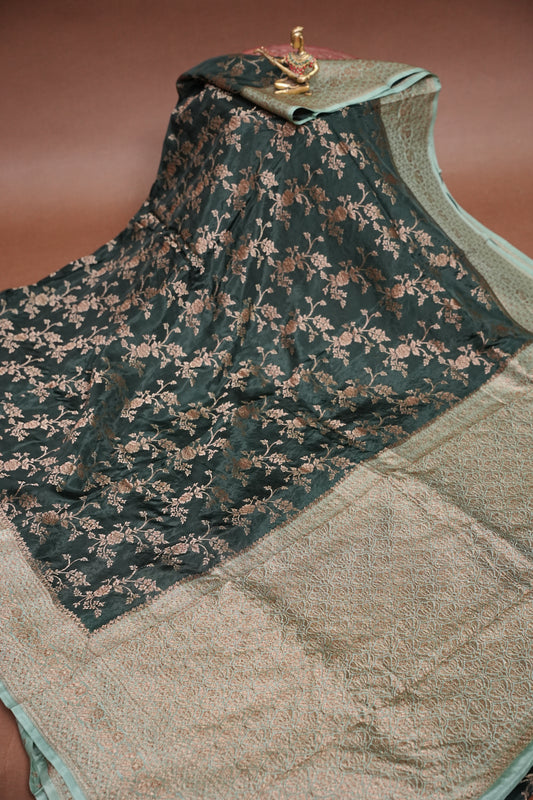 Khaddi Georgette Crepe Silk Saree with Antique Border – Bottle Green & Blue Grey