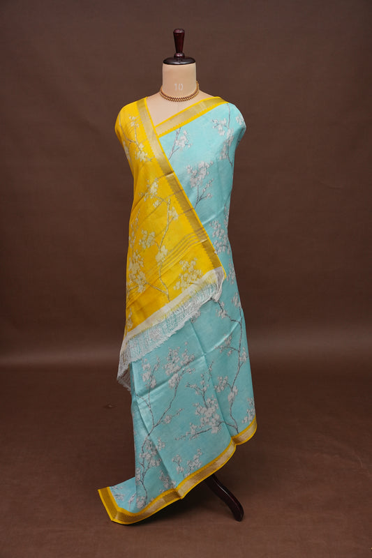 Mangalagiri Printed Silk Saree - Aqua Blue & Sunshine Yellow