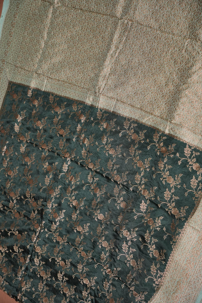 Khaddi Georgette Crepe Silk Saree with Antique Border – Bottle Green & Blue Grey