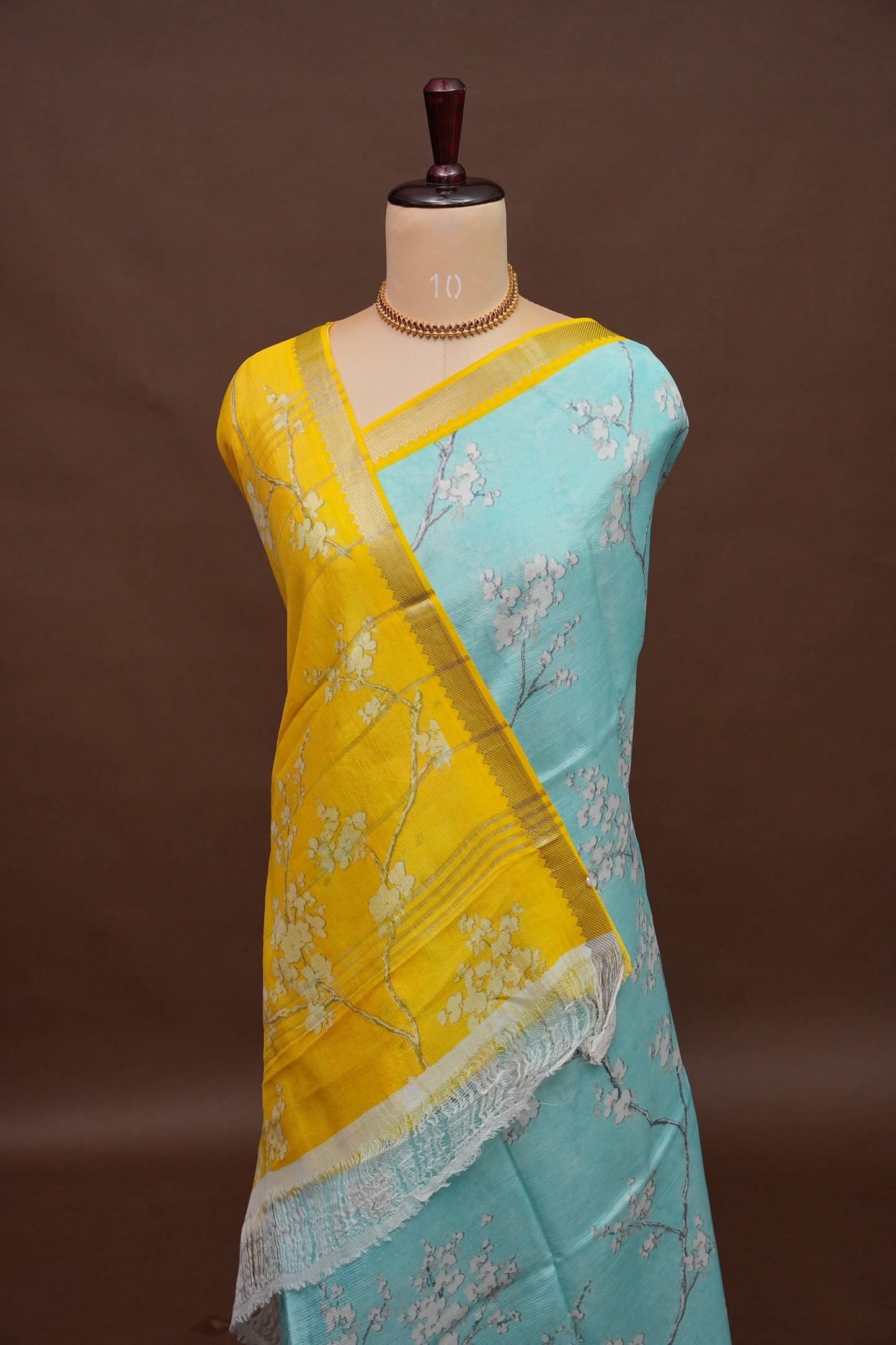 Mangalagiri Printed Silk Saree - Aqua Blue & Sunshine Yellow