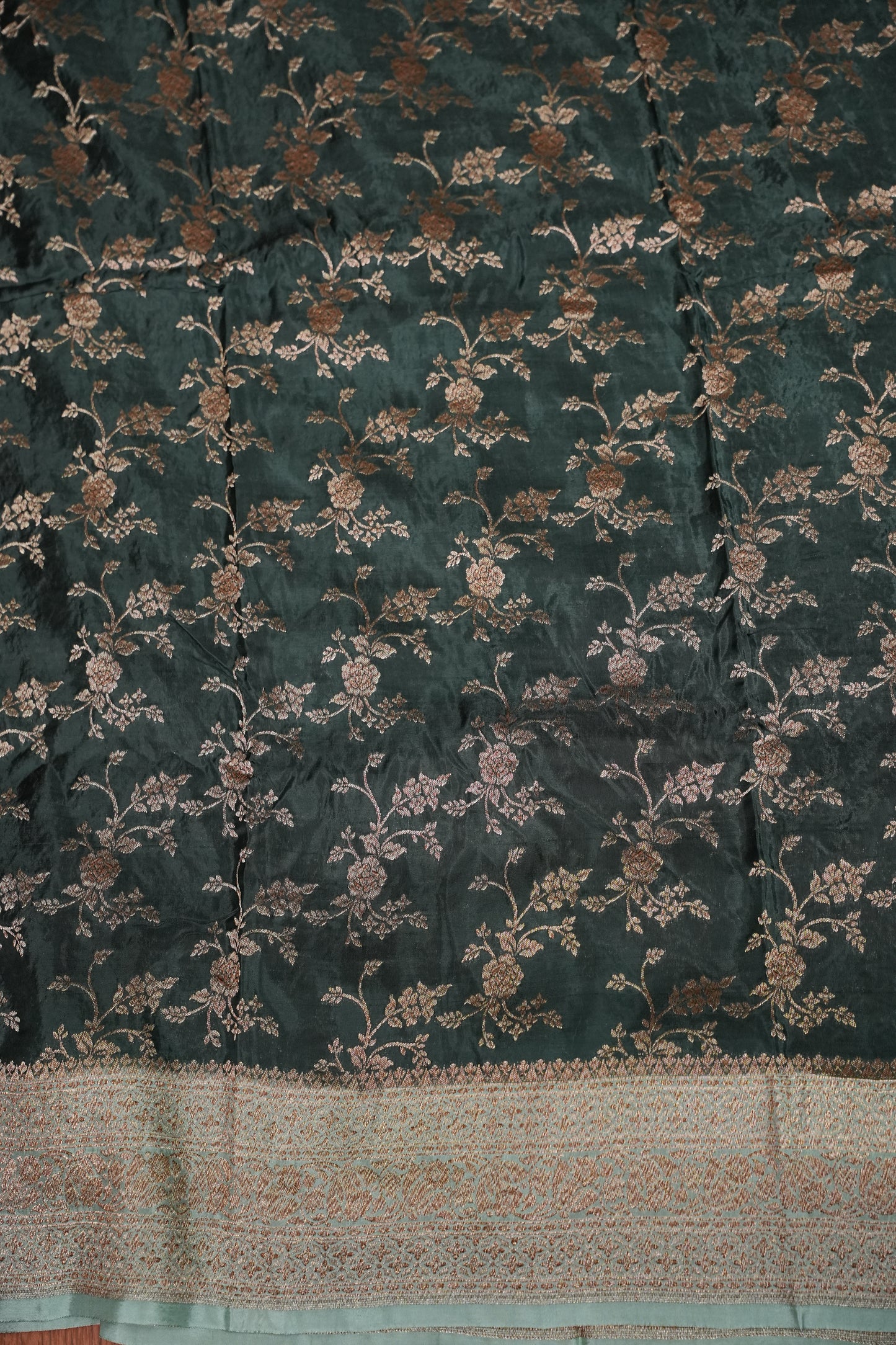 Khaddi Georgette Crepe Silk Saree with Antique Border – Bottle Green & Blue Grey