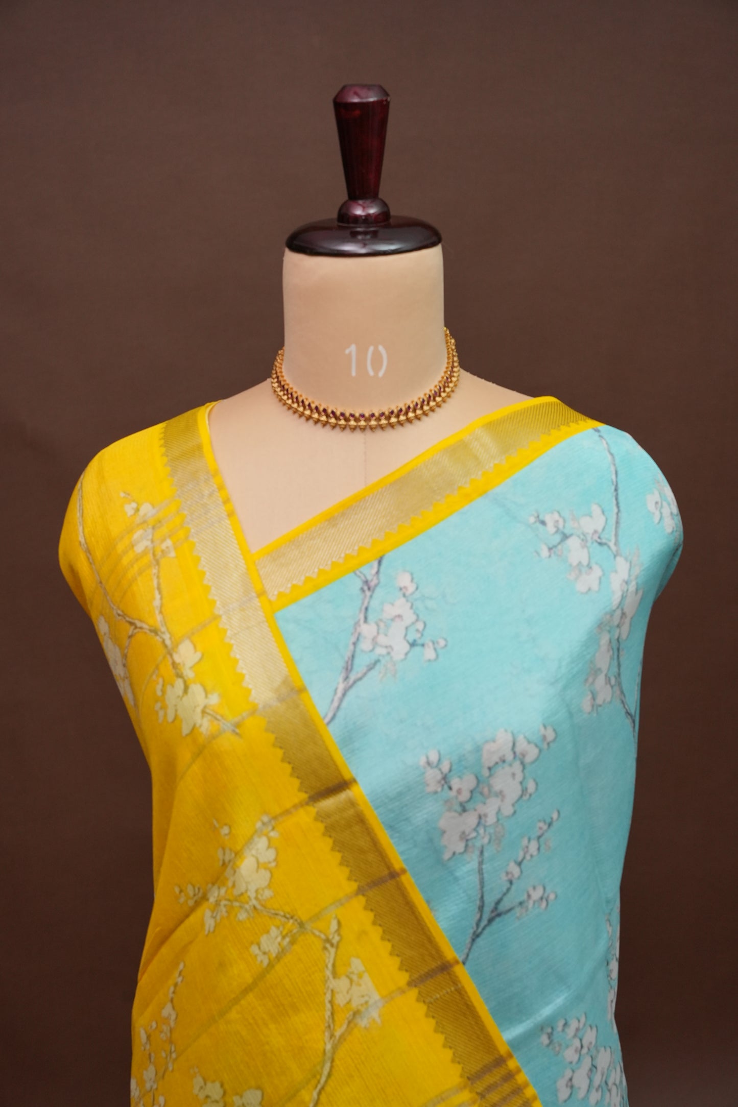 Mangalagiri Printed Silk Saree - Aqua Blue & Sunshine Yellow