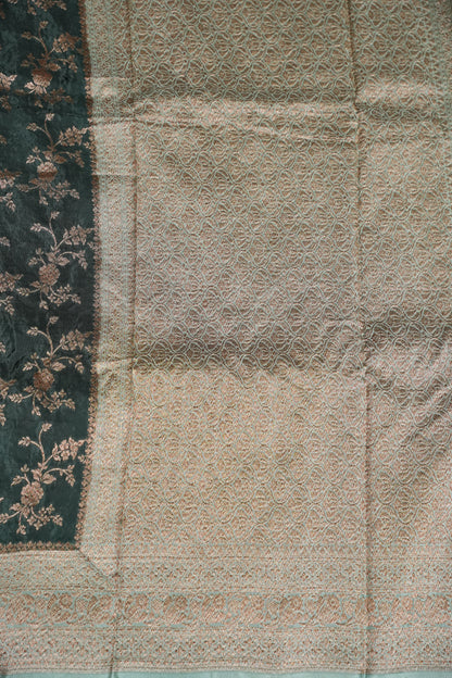 Khaddi Georgette Crepe Silk Saree with Antique Border – Bottle Green & Blue Grey