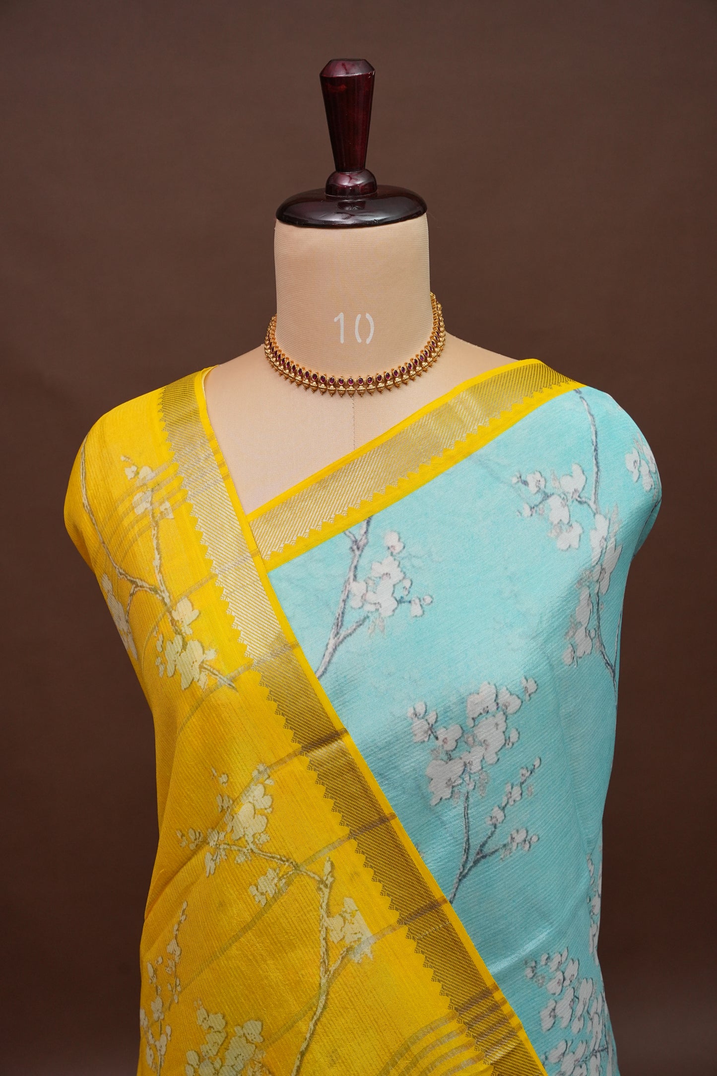 Mangalagiri Printed Silk Saree - Aqua Blue & Sunshine Yellow