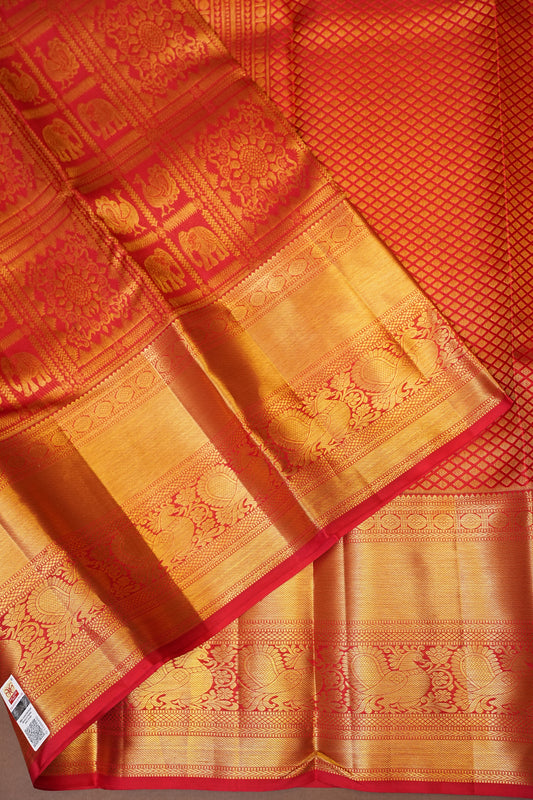 Bridal Red Pure Kanchivaram Silk Saree with Rich Gold Zari Border|Silk Mark Certified