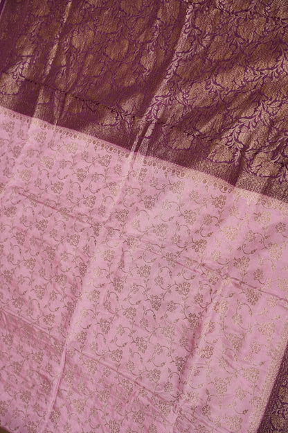 Khaddi Georgette Crepe Silk Saree with Antique Border – Baby Pink & Wine