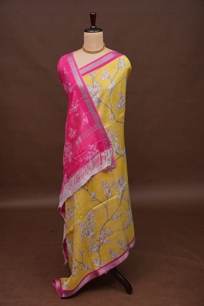 Mangalagiri Printed Silk Saree - Light Yellow & Rani Pink