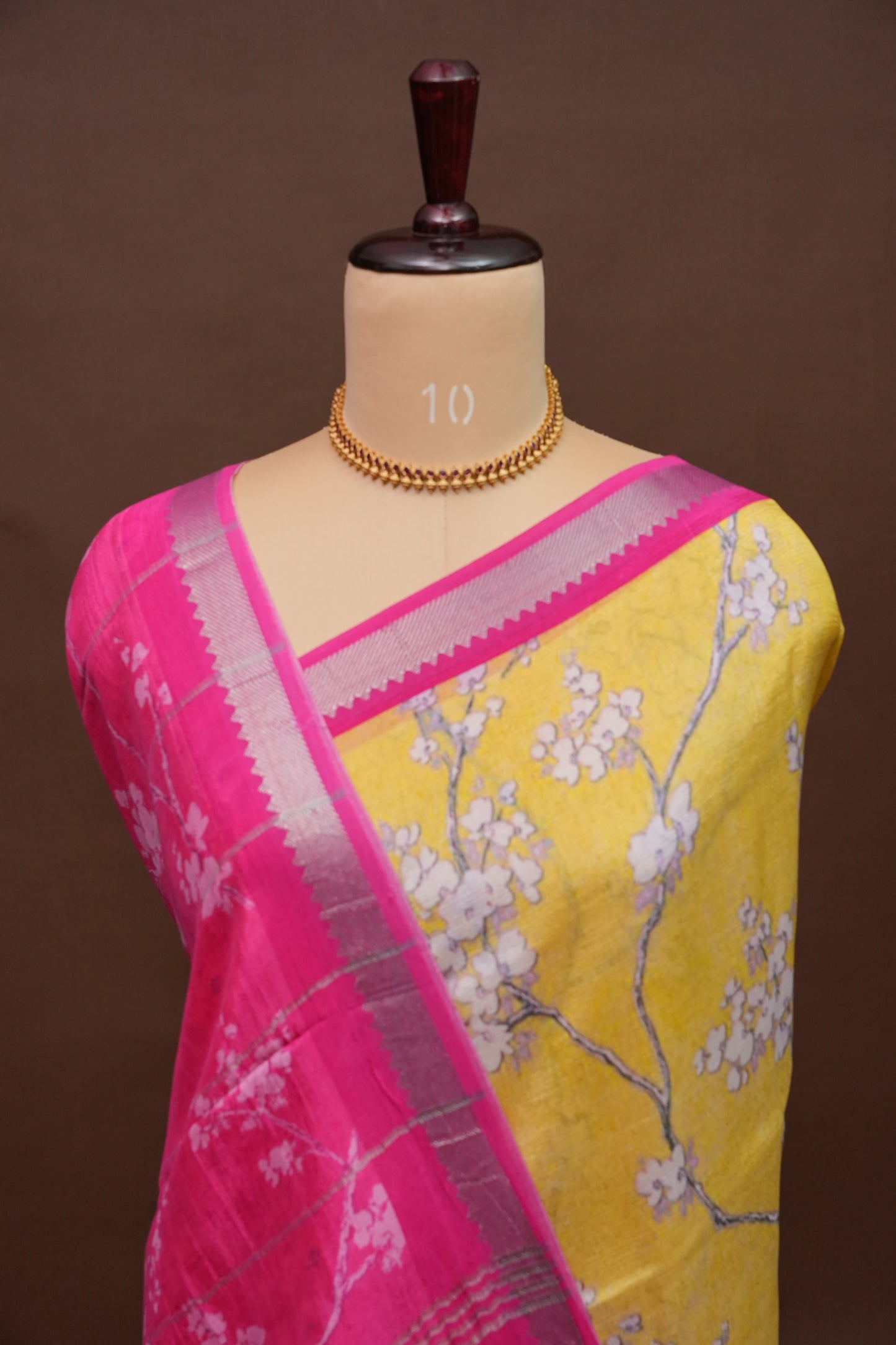 Mangalagiri Printed Silk Saree - Light Yellow & Rani Pink