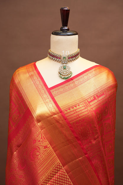 Bridal Red Pure Kanchivaram Silk Saree with Rich Gold Zari Border|Silk Mark Certified