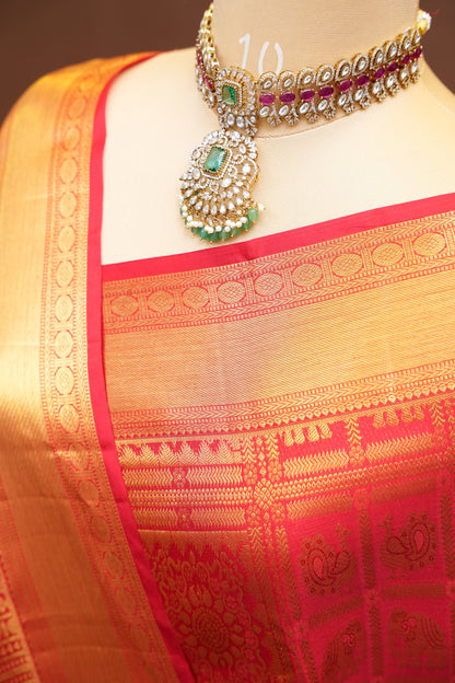 Bridal Red Pure Kanchivaram Silk Saree with Rich Gold Zari Border|Silk Mark Certified