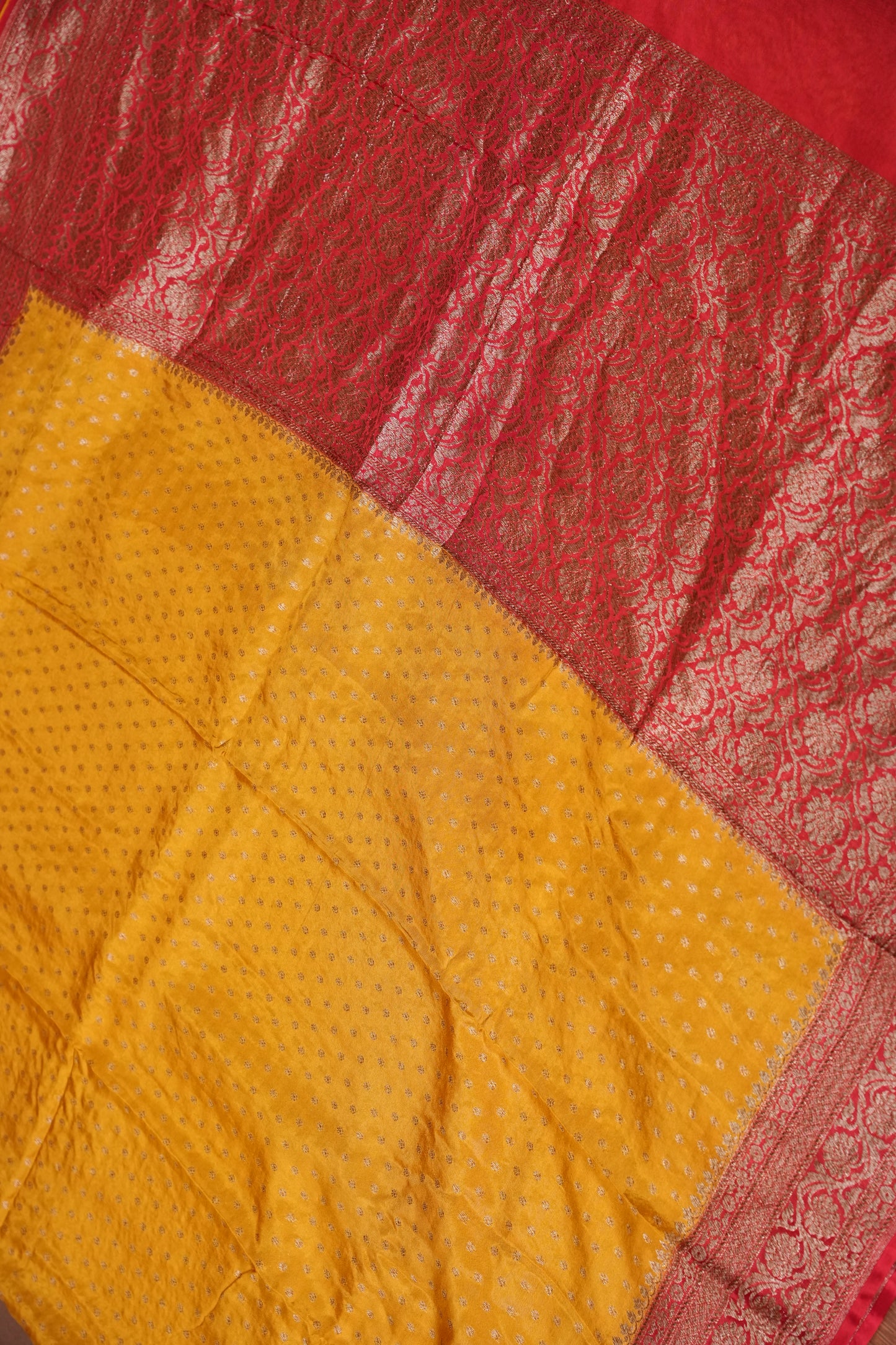 Khaddi Georgette Crepe Silk Saree with Antique Border – Yellow & Red