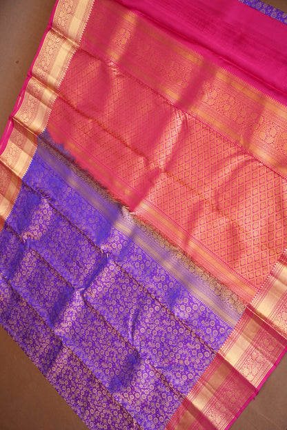 Royal Purple & Pink Pure Kanjivaram Silk Saree with Rich Gold Zari Weave|Silk Mark Certified