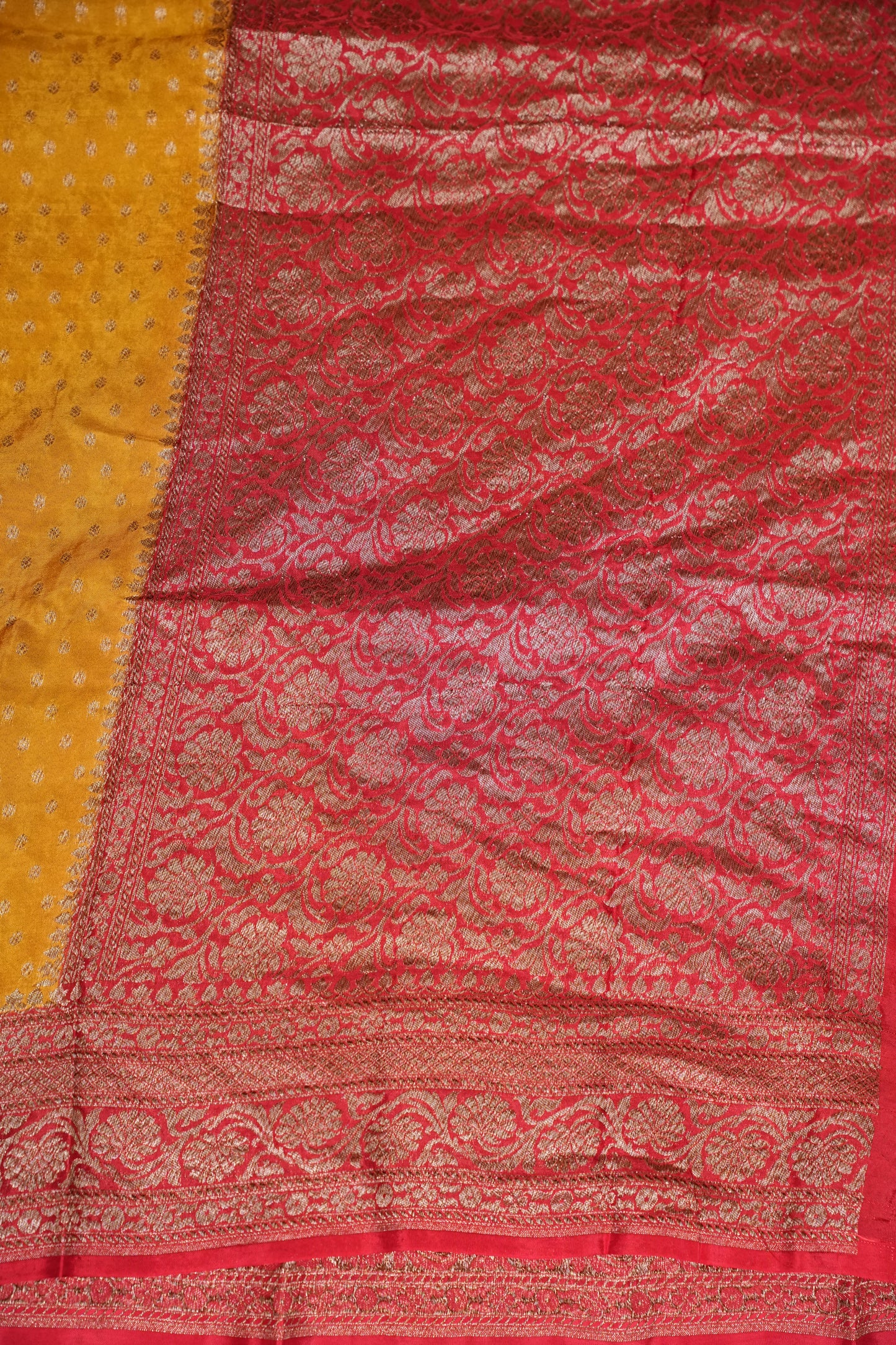 Khaddi Georgette Crepe Silk Saree with Antique Border – Yellow & Red