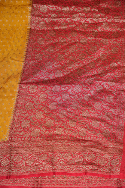 Khaddi Georgette Crepe Silk Saree with Antique Border – Yellow & Red