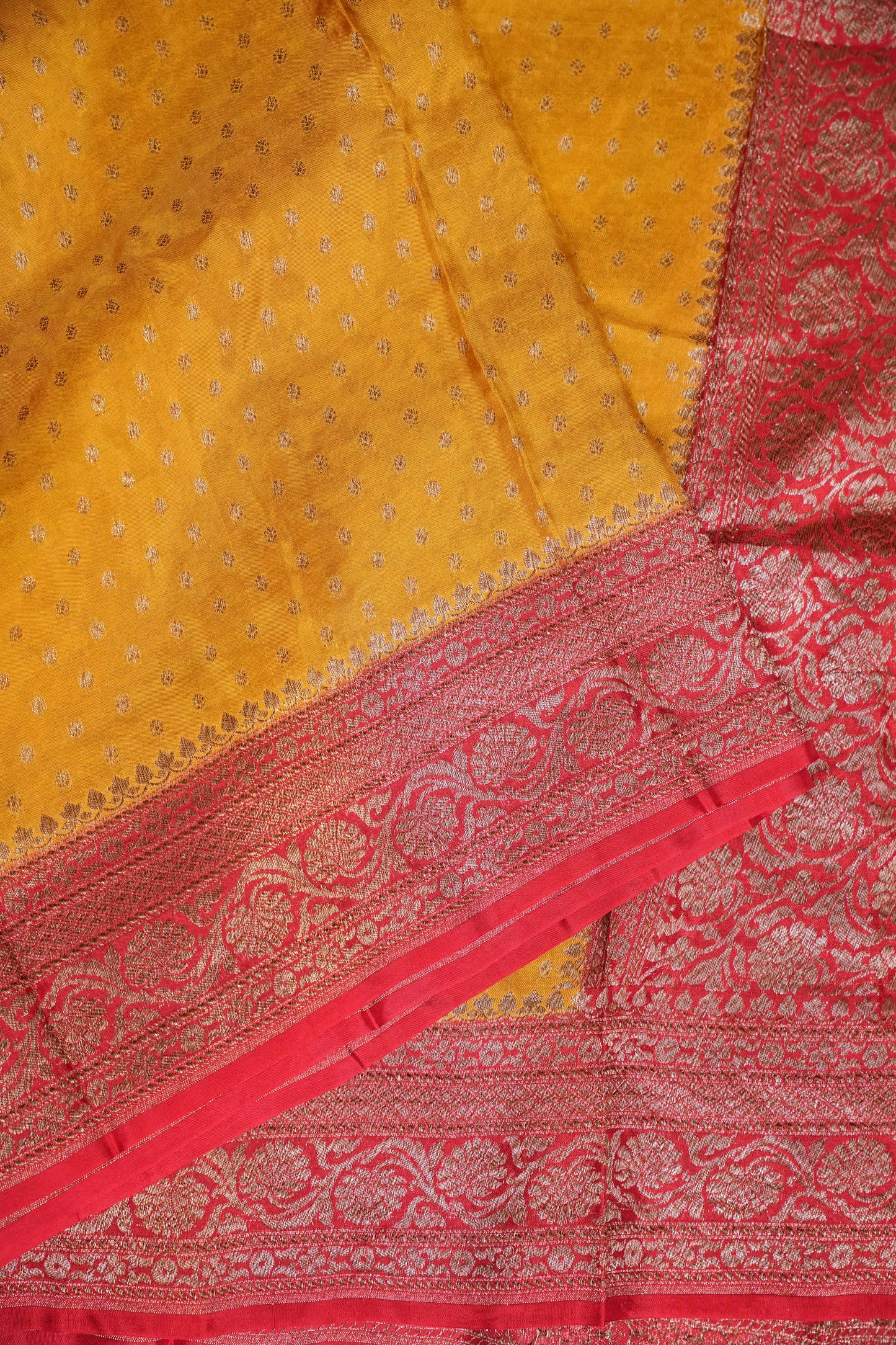 Khaddi Georgette Crepe Silk Saree with Antique Border – Yellow & Red