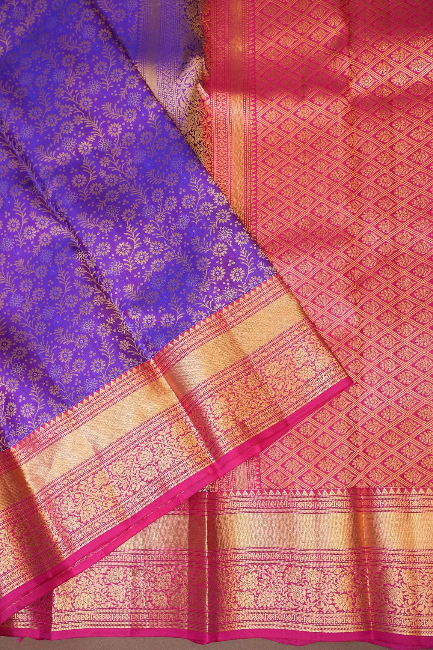 Royal Purple & Pink Pure Kanjivaram Silk Saree with Rich Gold Zari Weave|Silk Mark Certified