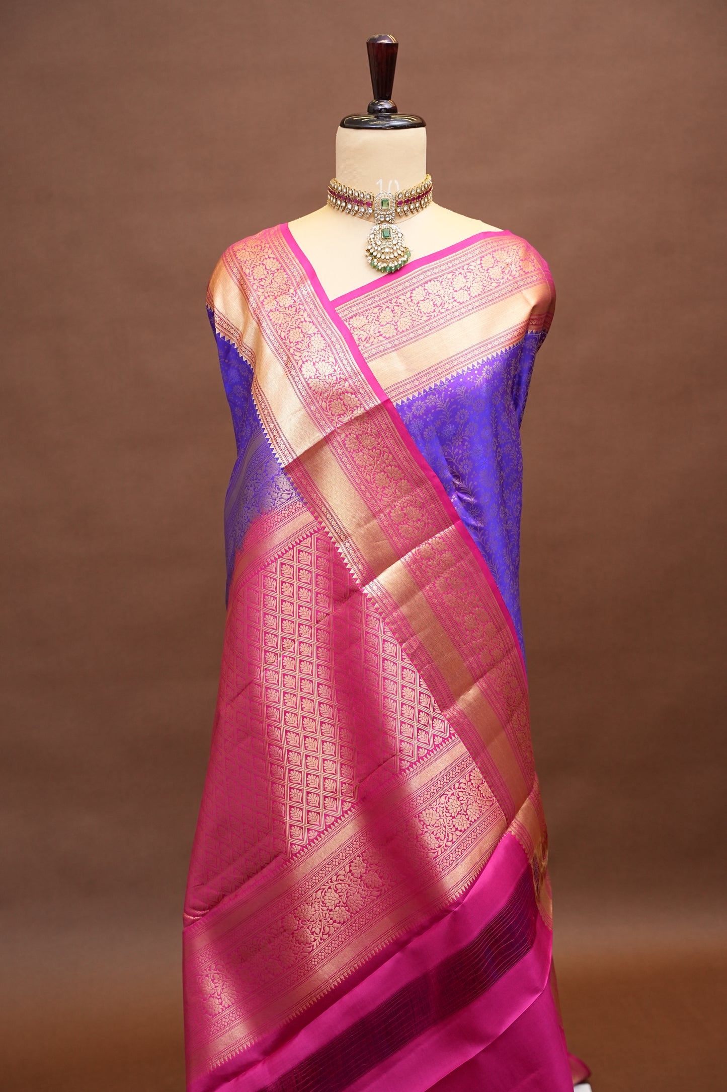 Royal Purple & Pink Pure Kanjivaram Silk Saree with Rich Gold Zari Weave|Silk Mark Certified