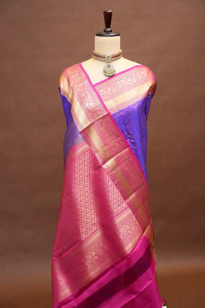 Royal Purple & Pink Pure Kanjivaram Silk Saree with Rich Gold Zari Weave|Silk Mark Certified