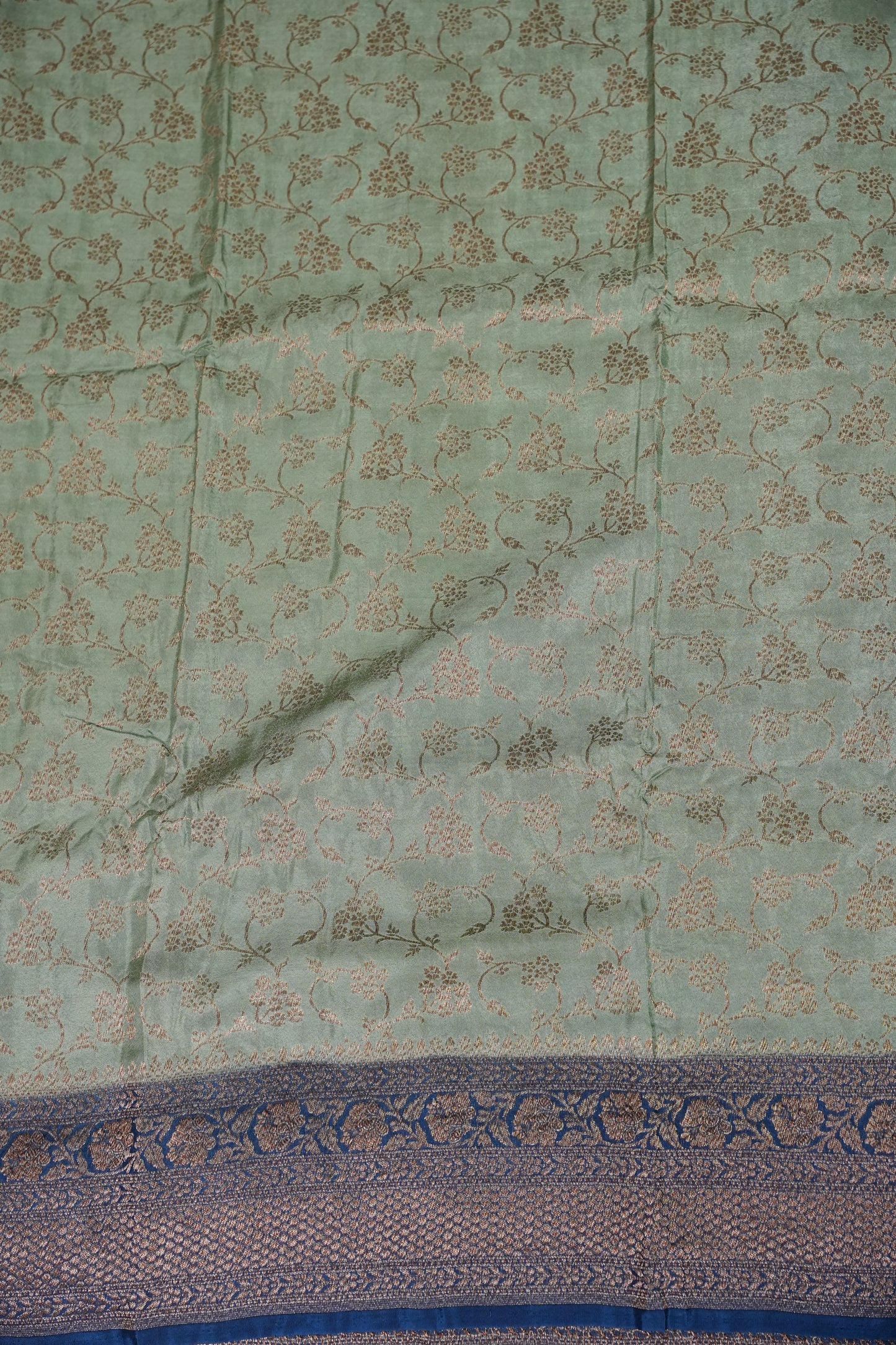 Khaddi Georgette Crepe Silk Saree with Antique Border – Blue Grey & Peacock Blue