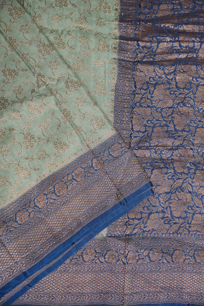 Khaddi Georgette Crepe Silk Saree with Antique Border – Blue Grey & Peacock Blue