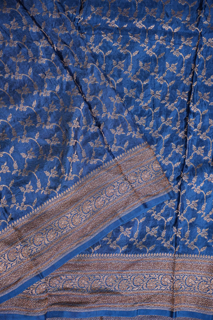 Khaddi Georgette Crepe Silk Saree with Antique Border – Peacock Blue