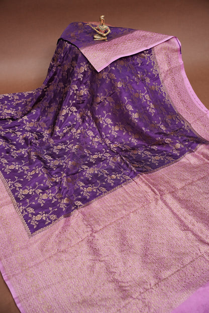 Khaddi Georgette Crepe Silk Saree with Antique Border – Purple & Pink