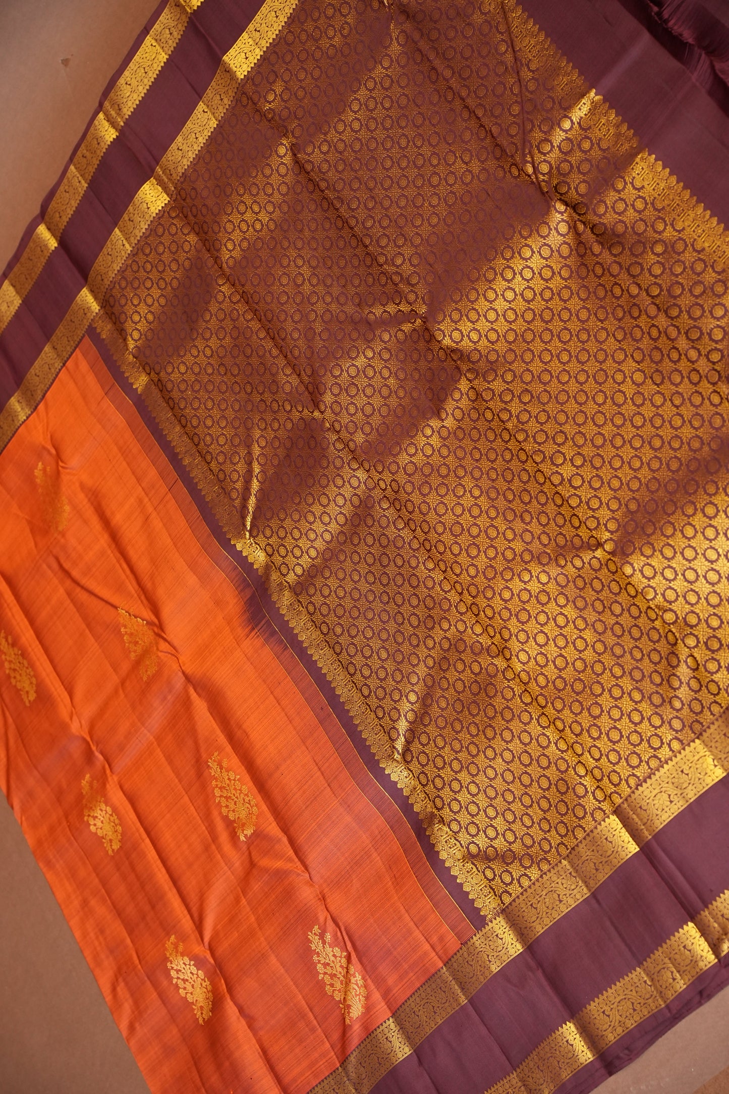 Rust Orange & Maroon Pure Kanchivaram Silk Saree with Rich Gold Zari Weave|Silk Mark Certified.