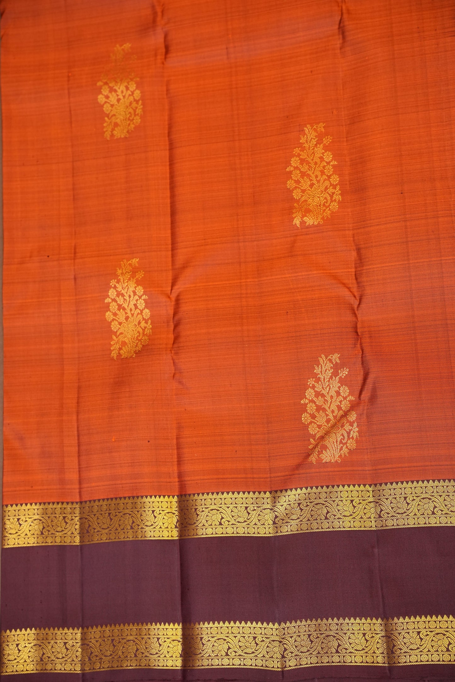 Rust Orange & Maroon Pure Kanchivaram Silk Saree with Rich Gold Zari Weave|Silk Mark Certified.