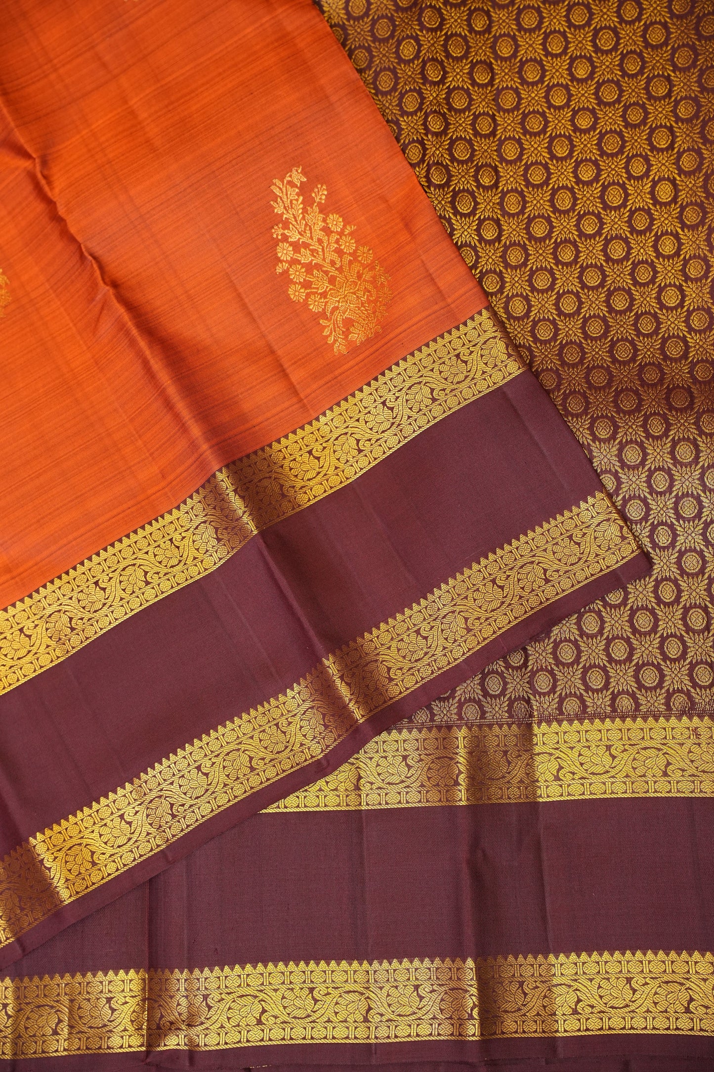 Rust Orange & Maroon Pure Kanchivaram Silk Saree with Rich Gold Zari Weave|Silk Mark Certified.